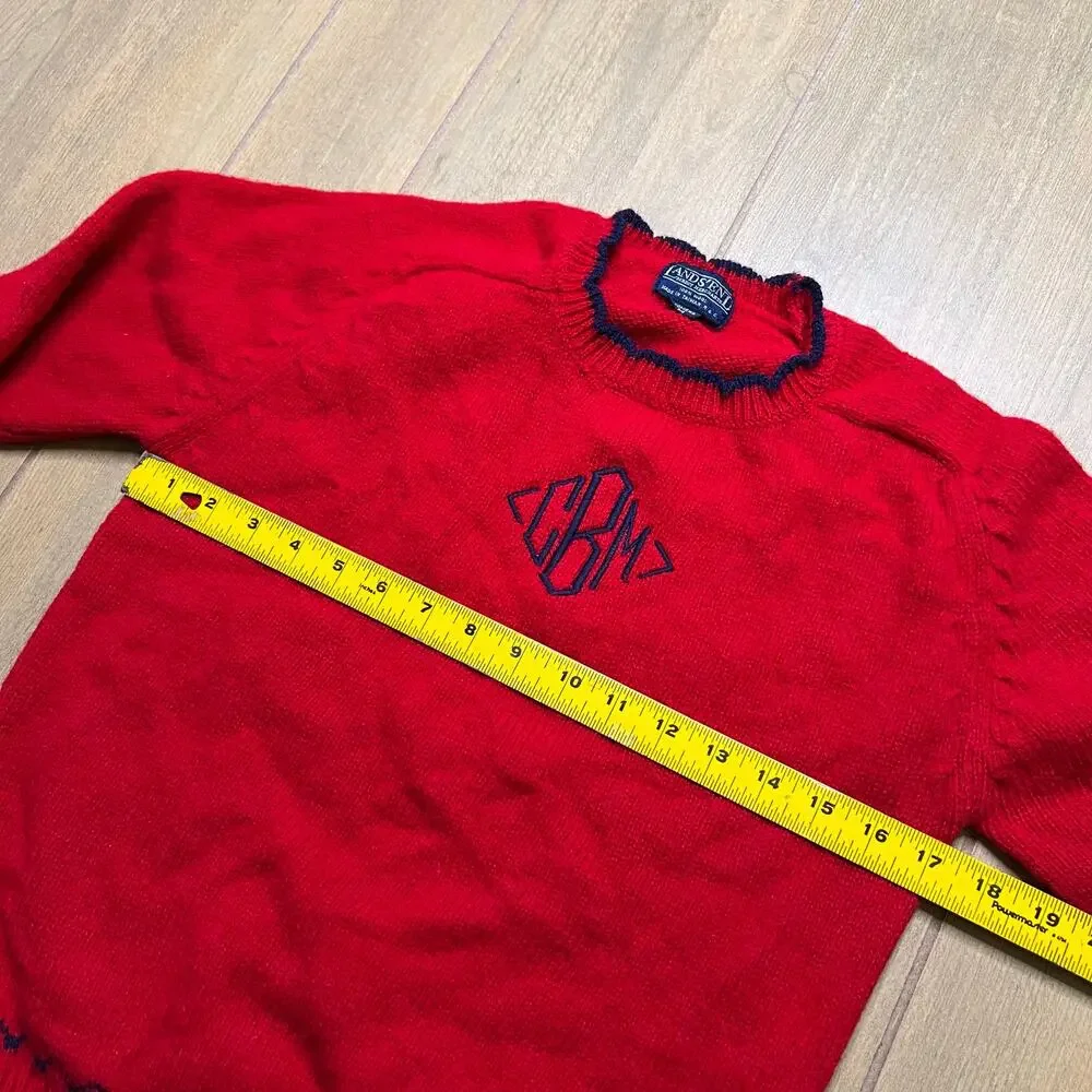 Vintage Lands’ End Red Wool Sweater Womens M Monogram CBM USA‎ Classic 90s